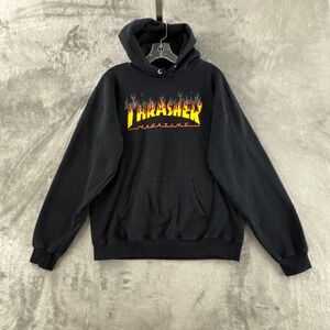 Vtg Thrasher Magazine Flames Hoodie M Black Skateboarding Hooded Sweatshirt Y2K